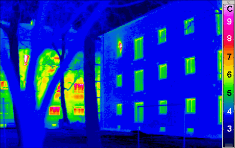 Thermogram of a Passivhaus building, with trad...