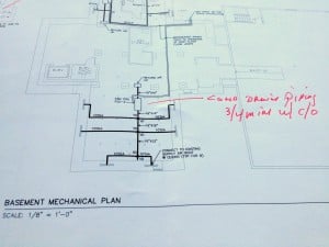 Commissioning design review notations on a mechanical drawing
